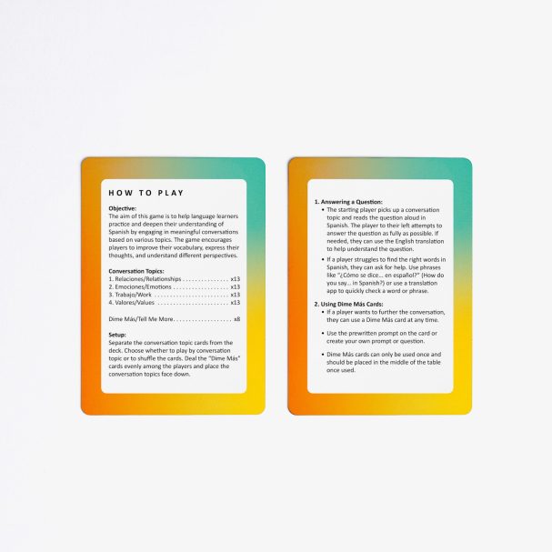 Instructions on how to play, presented on two colourful cards.