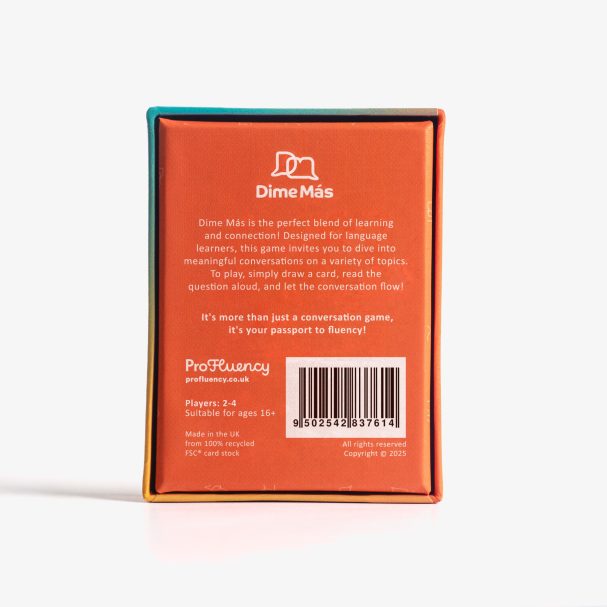 Colourful box featuring a playful design, with product details and a barcode on the back.